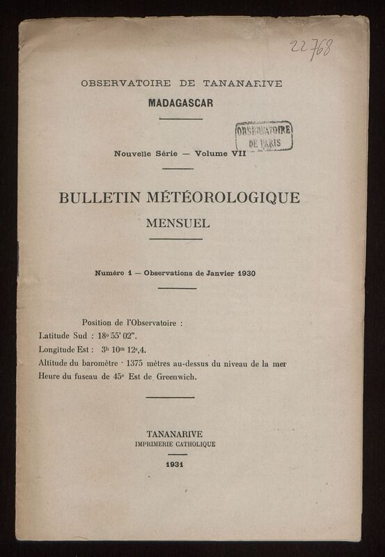 (1930) Bulletin météorologique mensuel de l'Observatoire de Tananarive