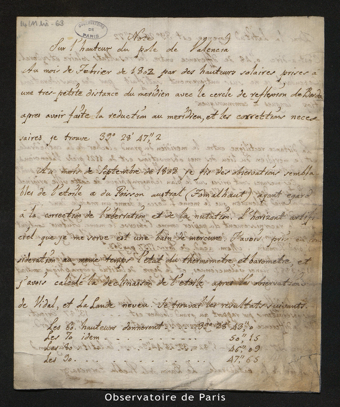 Note sur l'hauteur (sic) du pôle de Valencia. Baron de la Puebla Tornesa, en [1802]