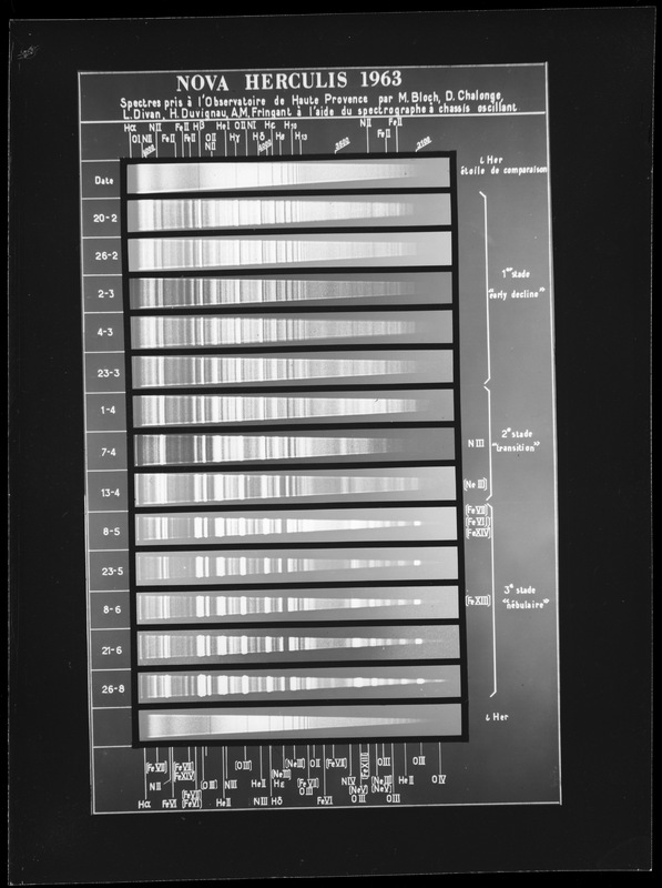 Reproduction d'un document sur la Nova Herculis 1963 Spectres pris à l'Observatoire des Haute-Provence par M.Bloch, D.Challonge, L.Divan, H.Duvigneau, A.M.Fringant, à l'aide du spectographe à chassis oscillant (titre forgé)