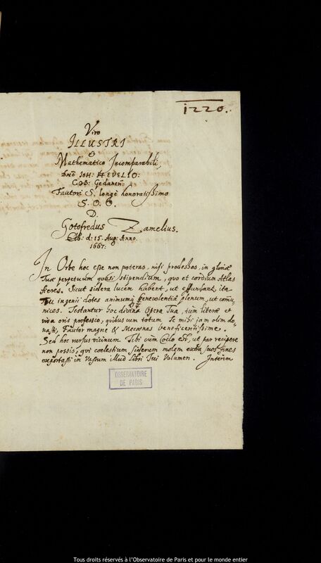 Lettre de Gottfried Zamel à Jan Heweliusz, Elblag, 15 août 1667