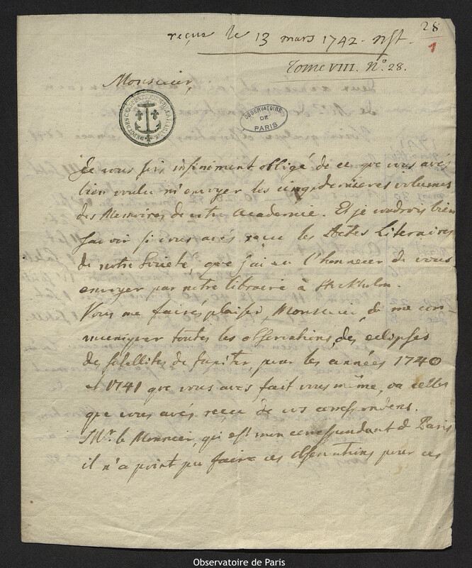 Lettre de Anders Celsius à Joseph-Nicolas Delisle, Uppsala, 5 janvier 1742