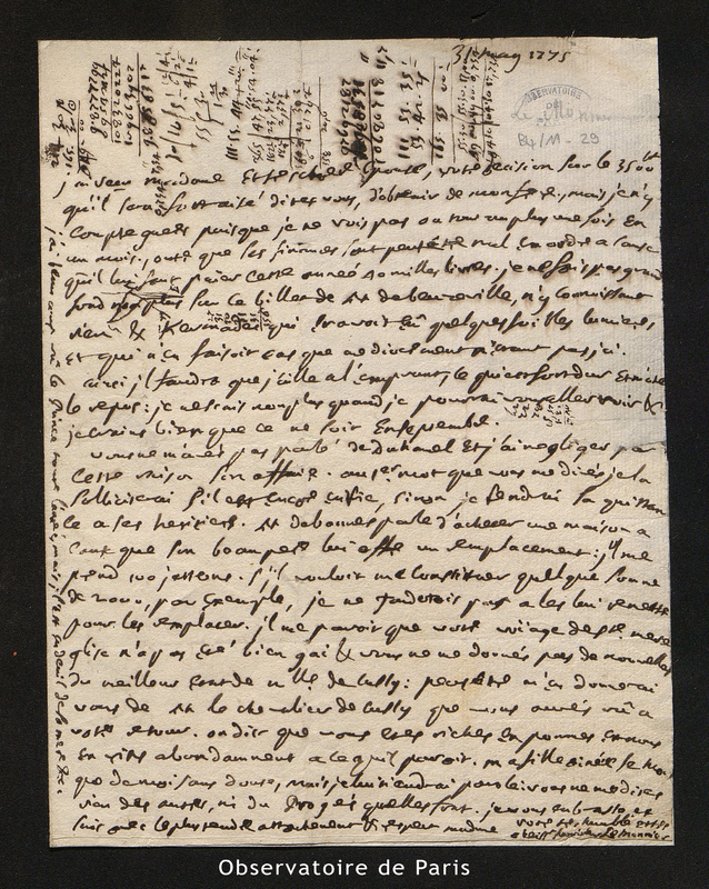 Lettre de Le Monnier à Madame [Le Monnier], Paris le 31 mai 1775