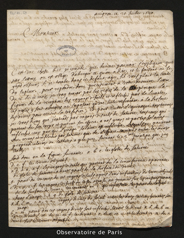 Lettre de Gallet à Cassini I, Avignon le 20 juillet 1680