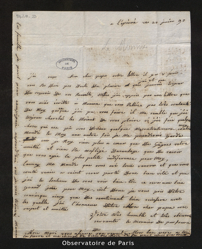 Lettre de Renée-Louise Le Monnier de Parfouru, fille de Le Monnier à Le Monnier, A l'Epinné le 20 juin 1790