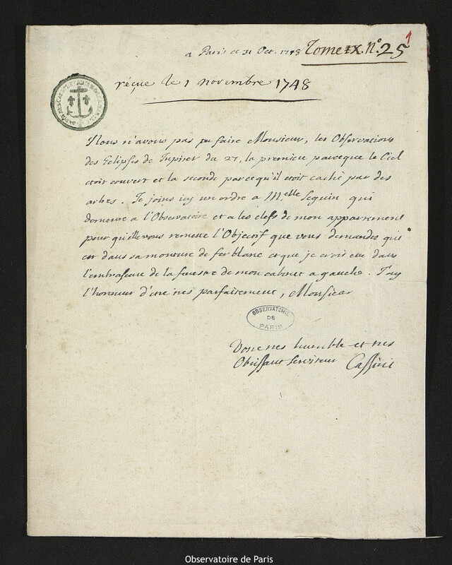 Lettre de Jacques Cassini à Joseph-Nicolas Delisle, Paris, 31 octobre 1748