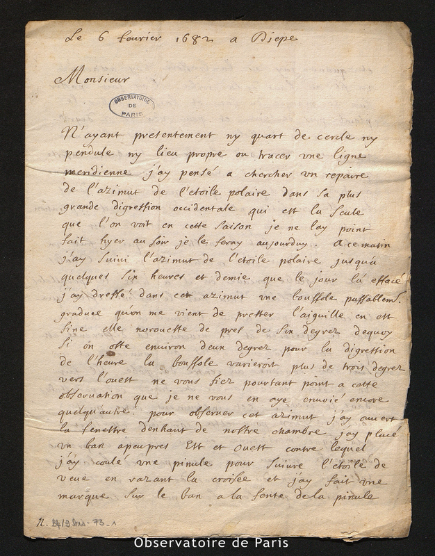 Lettre de Deshayes à Cassini I, Dieppe le 6 février 1682