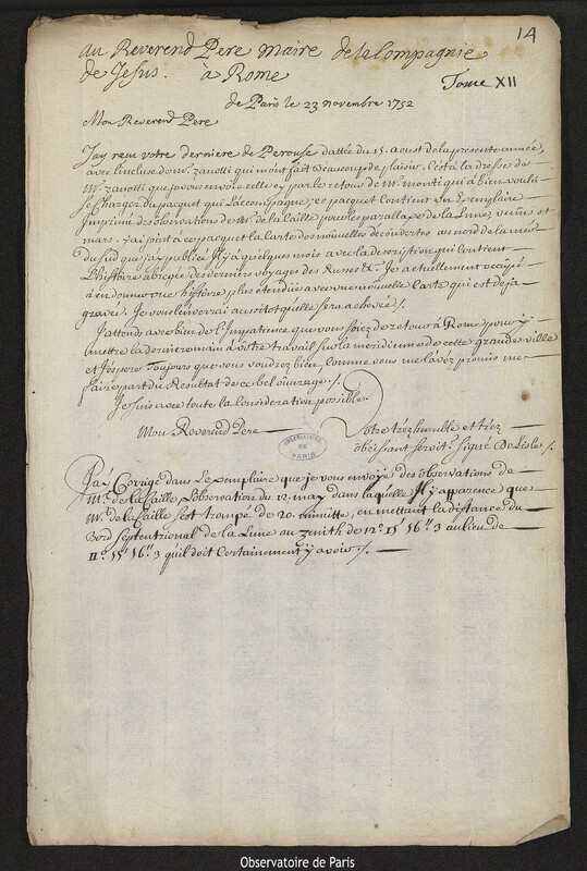 Lettre de Joseph-Nicolas Delisle à Christopher Maire, Paris, 23 novembre 1752