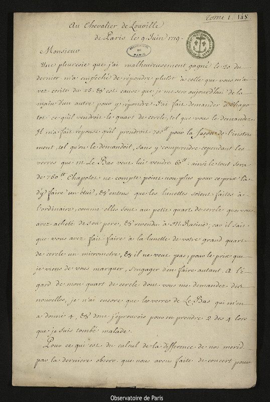 Lettre de Joseph-Nicolas Delisle à Jacques d'Allonville de Louville, Paris, 9 juin 1719