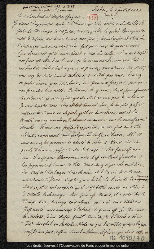 Lettre du baron Franz Xaver von Zach à Joseph Jérôme Le françois de Lalande Seeberg, 1er juillet 1800