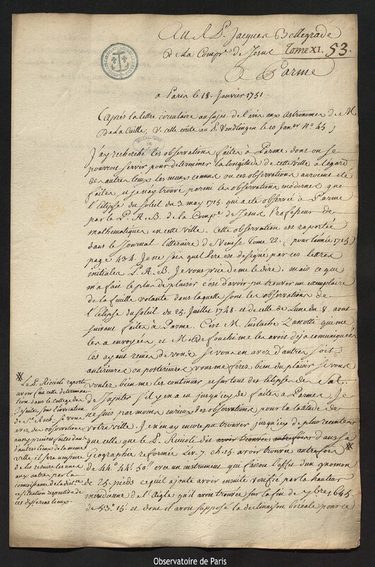 Lettre de Joseph-Nicolas Delisle à Jacopo Belgrado, Paris, 18 janvier 1751