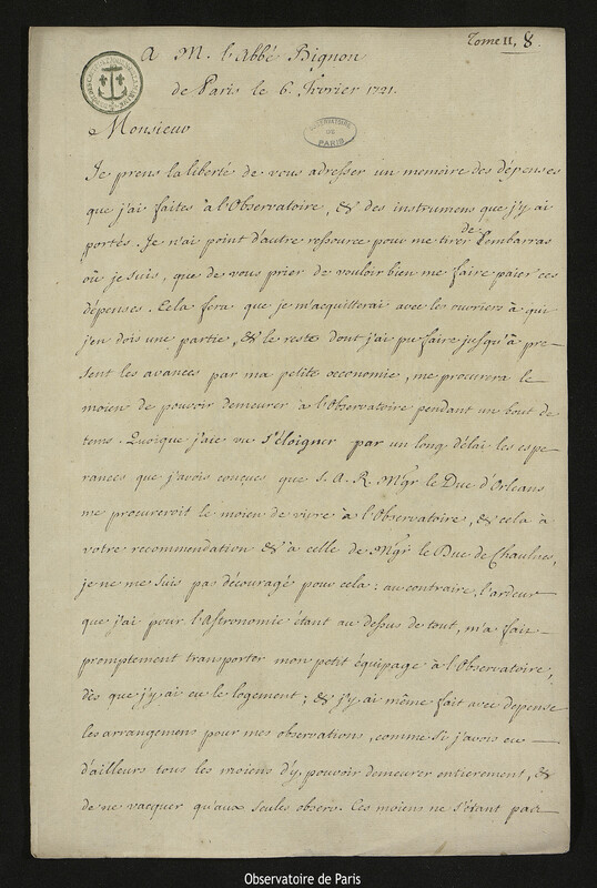 Lettre de Joseph-Nicolas Delisle à Jean-Paul Bignon, Paris, 6 février 1721