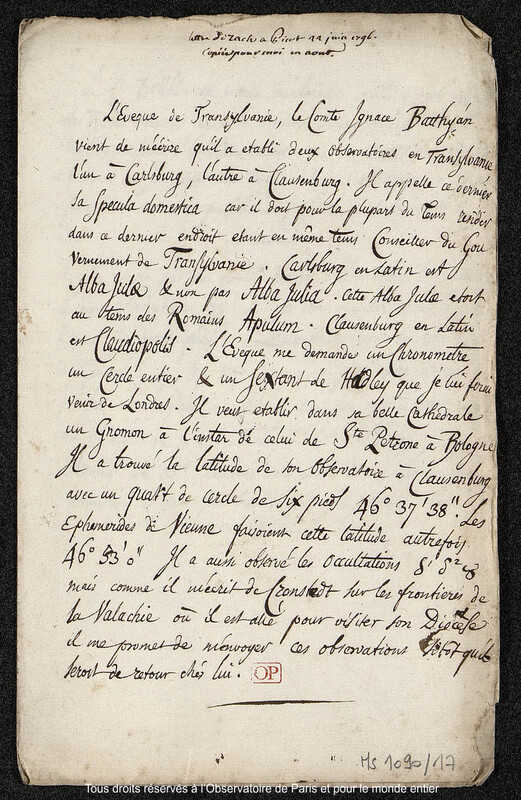 Lettre du baron Franz Xaver von Zach à Joseph Jérôme Le françois de Lalande Copie d'une lettre de Zach à Picot, 22 juin 1796