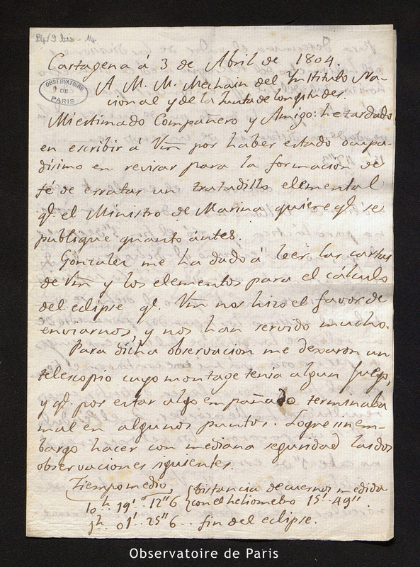 Lettre de Gabriel Ciscar à Méchain, Carthagène (Espagne) le 3 avril 1804