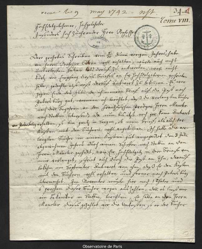 Lettre de Christine Kirch à Joseph-Nicolas Delisle, Berlin, 3 mars 1742