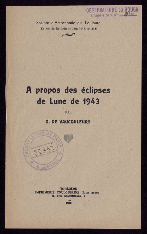 (1943 bis) Publications de l'Observatoire du Houga (Gers)