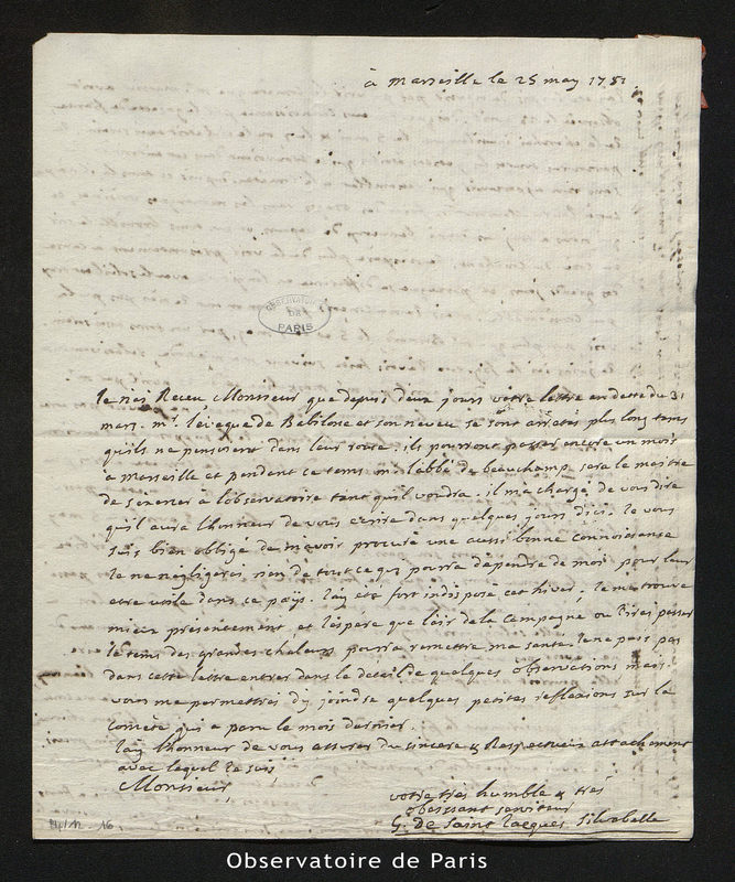 Lettre de G. de Saint-Jacques Silvabelle à Cassini IV, Marseille le 25 mai 1782