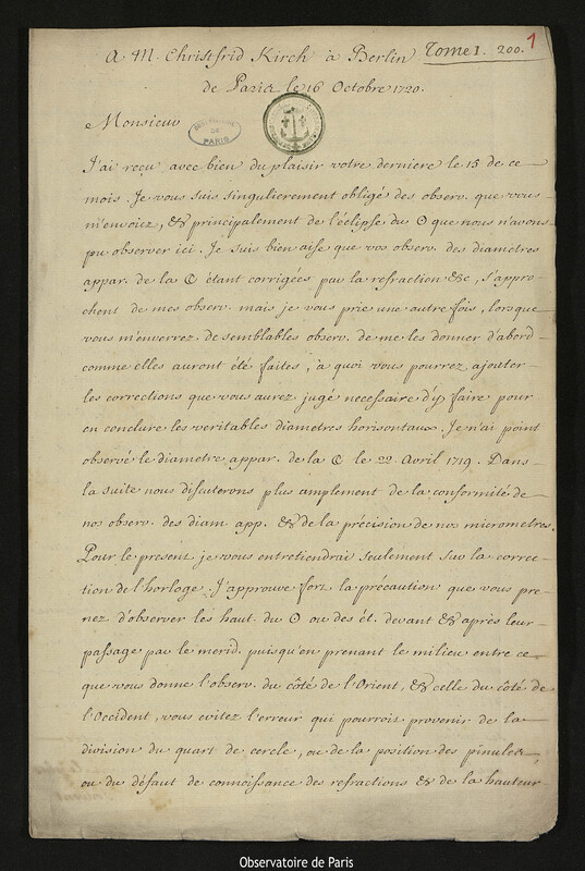 Lettre de Joseph-Nicolas Delisle à Christfried Kirch, Paris, 16 octobre 1720