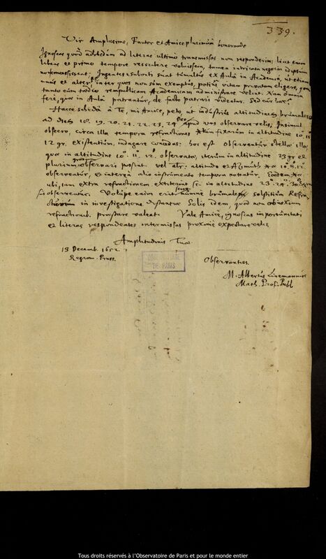 Lettre d'Albert Linemann à Jan Heweliusz, Kaliningrad, 13 décembre 1652