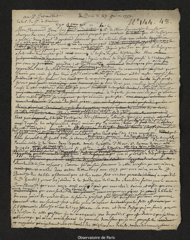 Lettre de Joseph-Nicolas Delisle à Louis Patouillet, Paris, 27 juin 1759