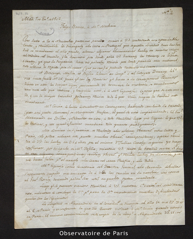 Lettre de Felipe Bauzá à Méchain, Madrid le 7 janvier 1802