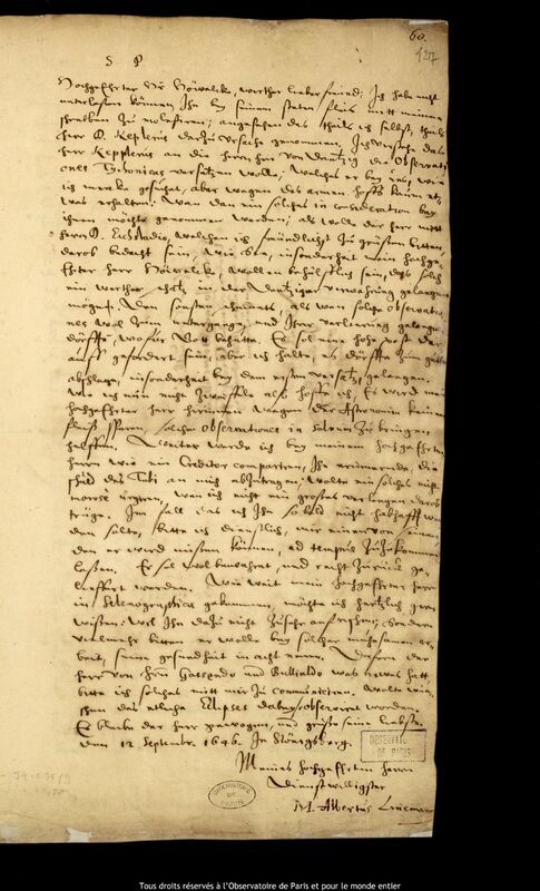 Lettre d'Albert Linemann à Jan Heweliusz, Kaliningrad, 12 septembre 1646