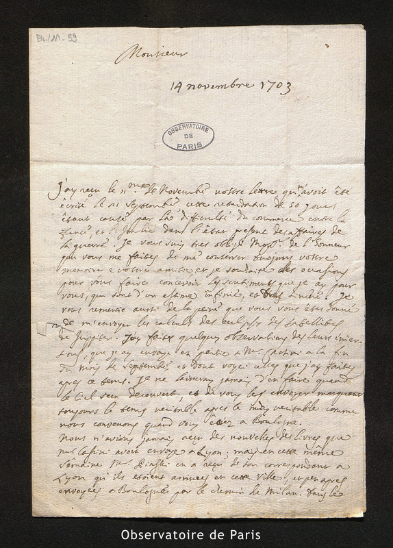 Lettre de Manfredi à Maraldi, Bologne le 14 novembre 1703