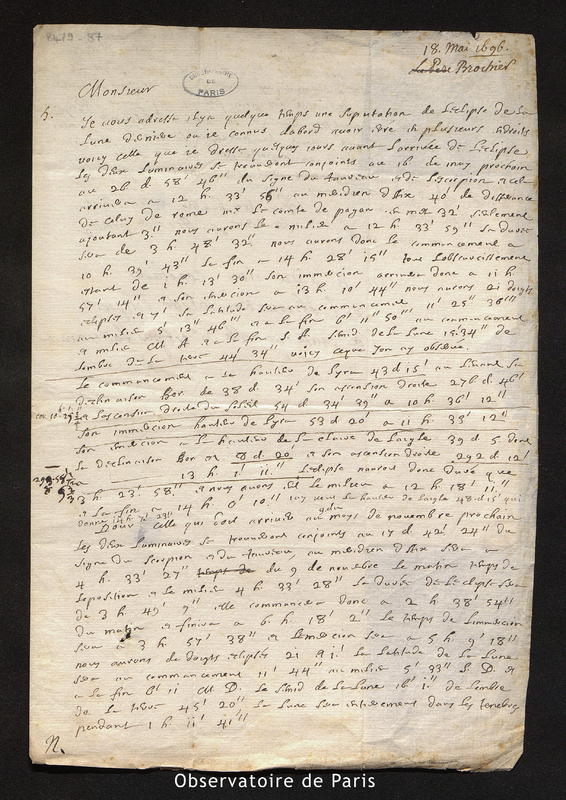 Lettre de Père G. Brochier à Cassini I, Aix le 18 mai 1696