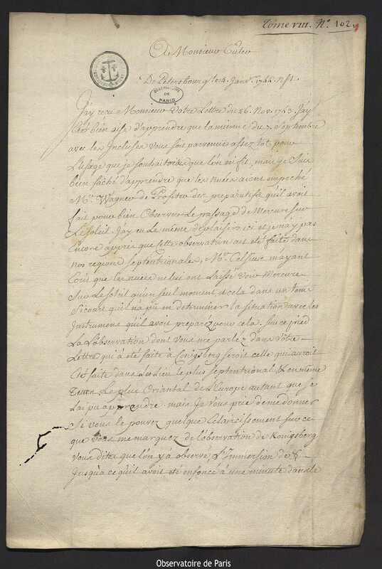 Lettre de Joseph-Nicolas Delisle à Leonhard Euler, Saint-Pétersbourg,4 janvier 1744