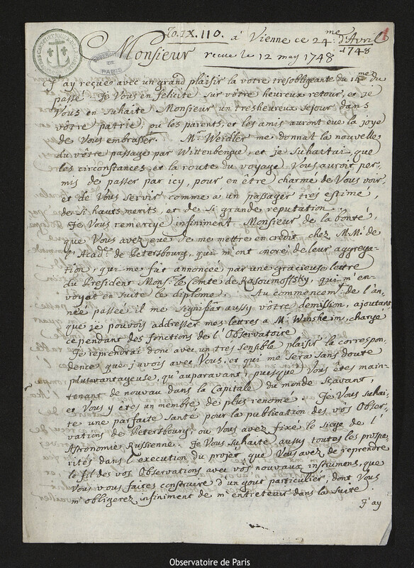 Lettre de Giovanni Giacomo Marinoni à Joseph-Nicolas Delisle, Vienne, 24 avril 1748