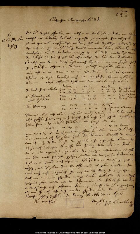 Lettre de Jan Heweliusz à Caspar March, Gdansk, 15 avril 1661