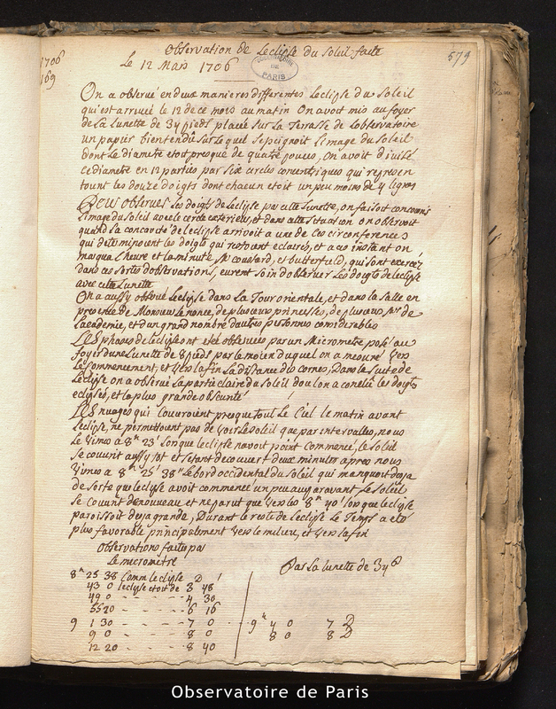 CASSINI I et MARALDI I. Observations de l'éclipse du Soleil faite le 12 mars 1706