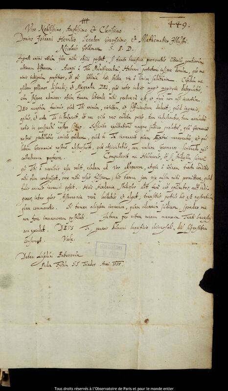 Lettre de Nikolaus Goldmann à Jan Heweliusz, Leyde, 22 mai 1655