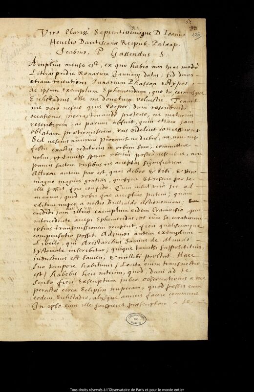 Lettre de Pierre Gassendi à Jan Heweliusz, Paris, 1er avril 1645