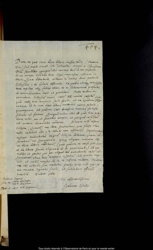 Lettre de John Wallis à Jan Heweliusz, Oxford, 29 janvier 1654