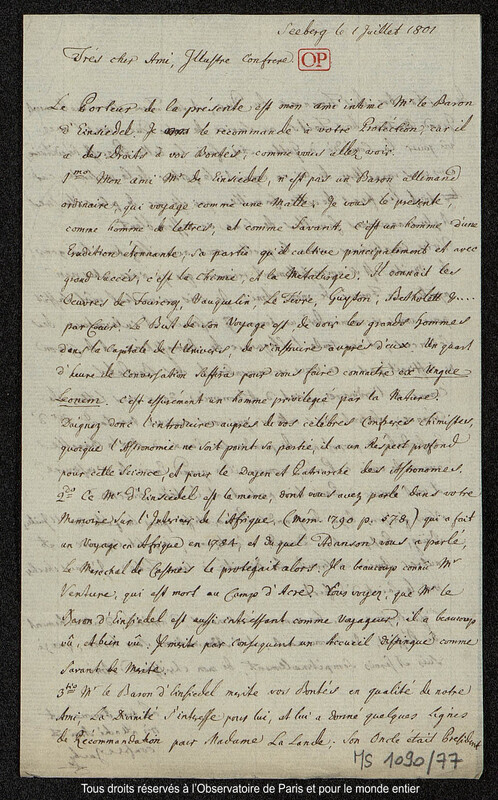 Lettre du baron Franz Xaver von Zach à Joseph Jérôme Le françois de Lalande Seeberg, 1er juillet 1801