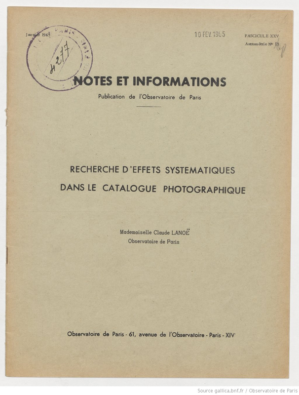 (1965) Notes et informations... Recherche d'effets systématiques dans le catalogue photographique / mademoiselle Claude Lanoë