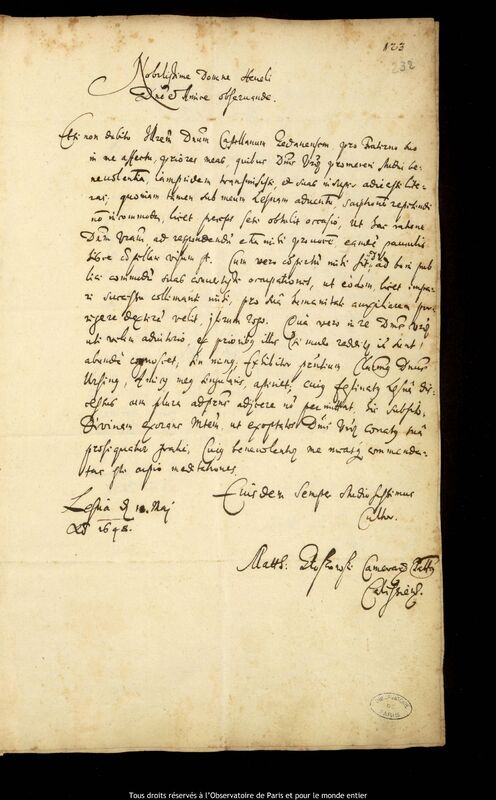 Lettre de Maciej Gloskowski à Jan Heweliusz, Leszno, 18 mai 1648