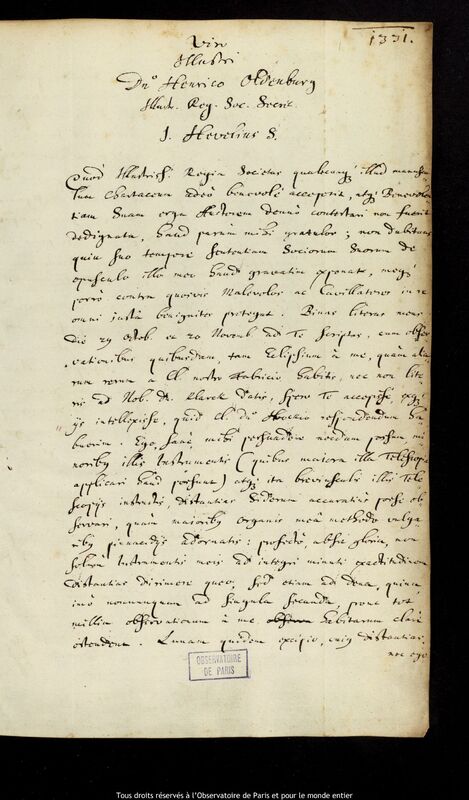 Lettre de Jan Heweliusz à Henry Oldenburg, Gdansk, 20 décembre 1668