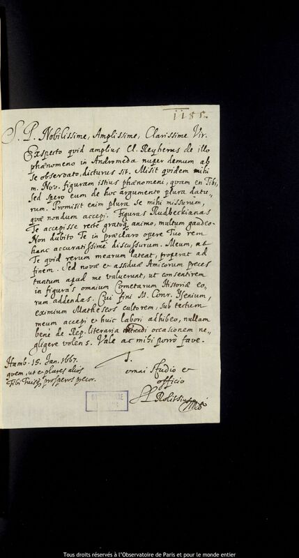 Lettre de Stanislaw Lubieniecki à Jan Heweliusz, Hambourg, 15 janvier 1667