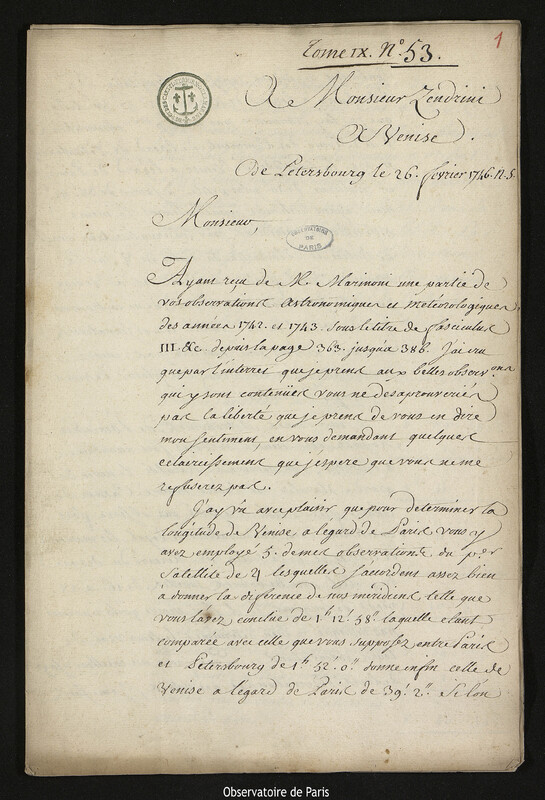 Lettre de Joseph-Nicolas Delisle à Bernardino Zendrini, Saint-Pétersbourg, 26 février 1746