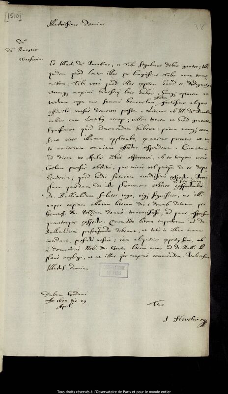 Lettre de Jan Heweliusz à Pierre Des Noyers, Gdansk, 29 avril 1672