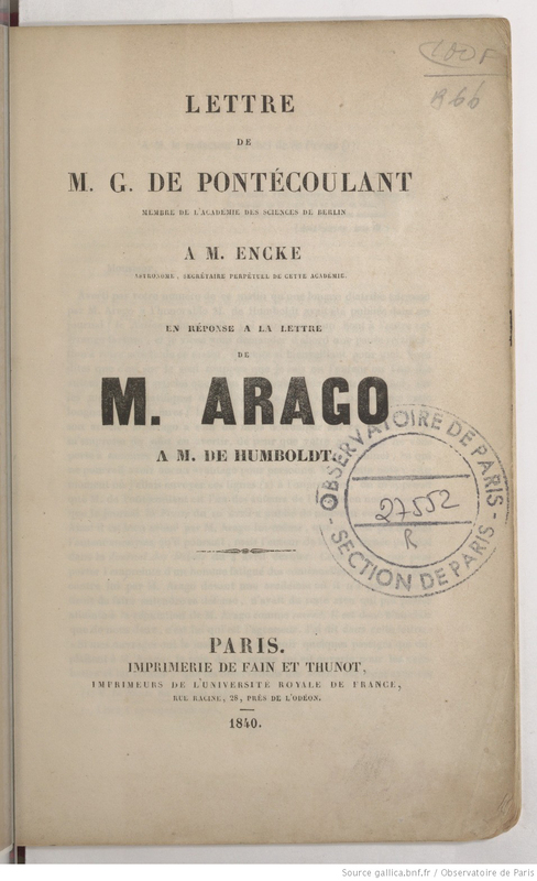 Lettre de M. G. de Pontécoulant à M. Encke, en réponse à la lettre de M. Arago à M. de Humboldt