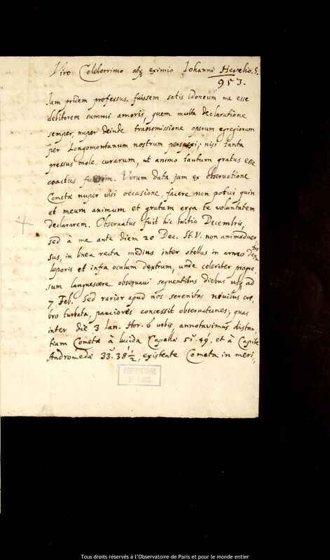 Lettre d'Erasmus Bartholin à Jan Heweliusz, Copenhague, 14 février 1665