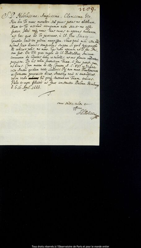 Lettre de Stanislaw Lubieniecki à Jan Heweliusz, Hambourg, 6 avril 1666