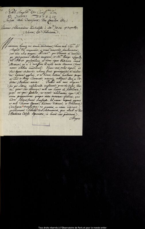 Lettre d'Adam Adamandus Kochanski à Jan Heweliusz, Wroclaw, 12 mai 1677