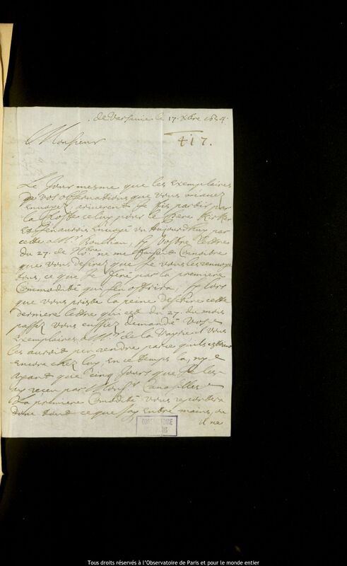 Lettre de Pierre Des Noyers à Jan Heweliusz, Varsovie, 17 décembre 1654