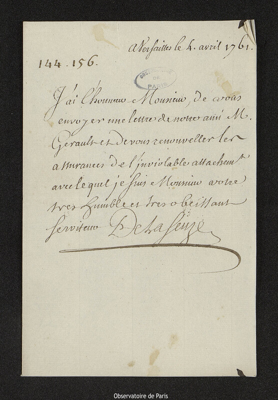 Lettre de De la Seuze à Joseph-Nicolas Delisle, Versailles, 4 avril 1761