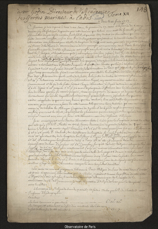 Lettre de Joseph-Nicolas Delisle à Louis Godin, Paris, 11 juin 1753