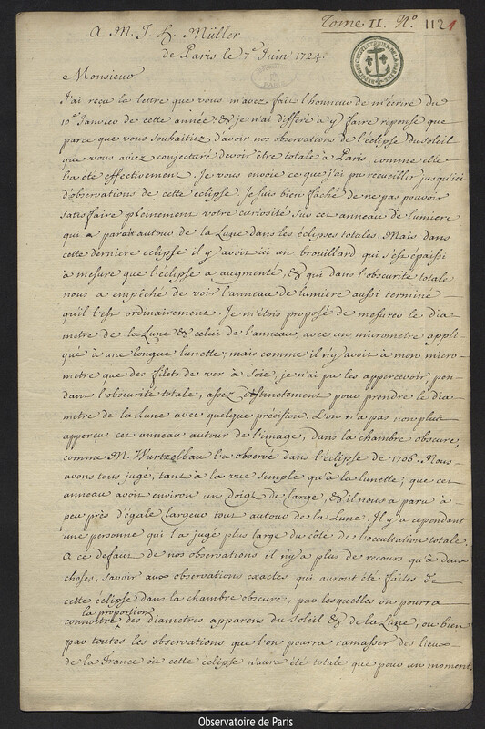 Lettre de Joseph-Nicolas Delisle à Johann Heinrich Müller, Paris, 7 juin 1724