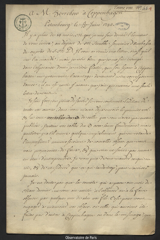 Lettre de Joseph-Nicolas Delisle à Peder Horrebow, Saint-Pétersbourg, 16 juin 1742